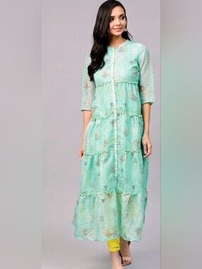 Aurelia Women Sea Green & White Ethnic Print Tiered A-Line Kurta with Ruffles